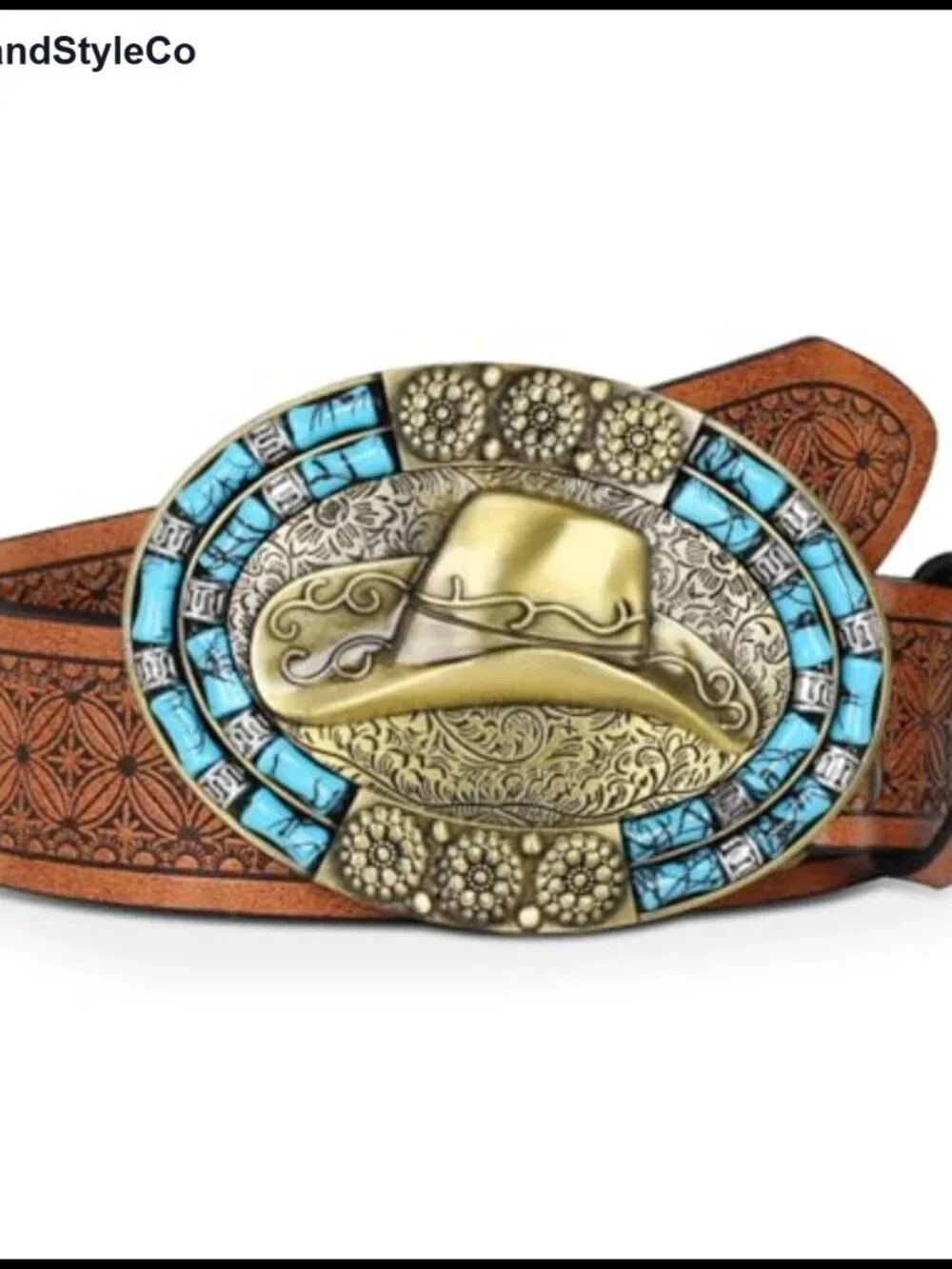 Leather Western Cowboy Belt with Bull Buckle for Men Women, Embossed Floral